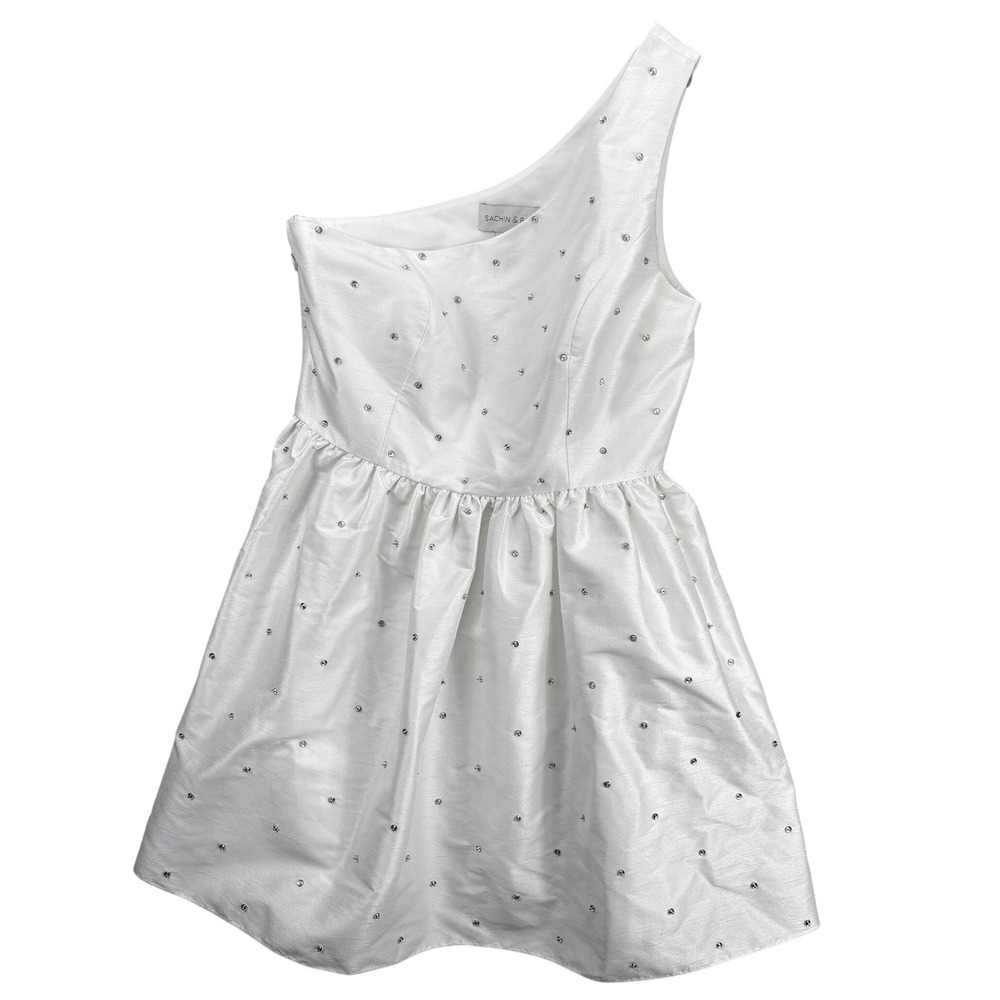 Sachin & Babi Dress One Shoulder Womens 10 White Rhinestone Cocktail Party Mini - Picture 3 of 16